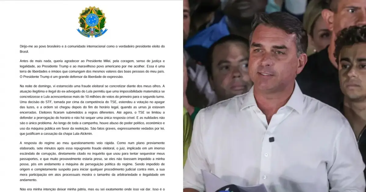 Flávio Bolsonaro divulga carta em que se declara “presidente eleito” e chama eleição de “golpe de Estado”