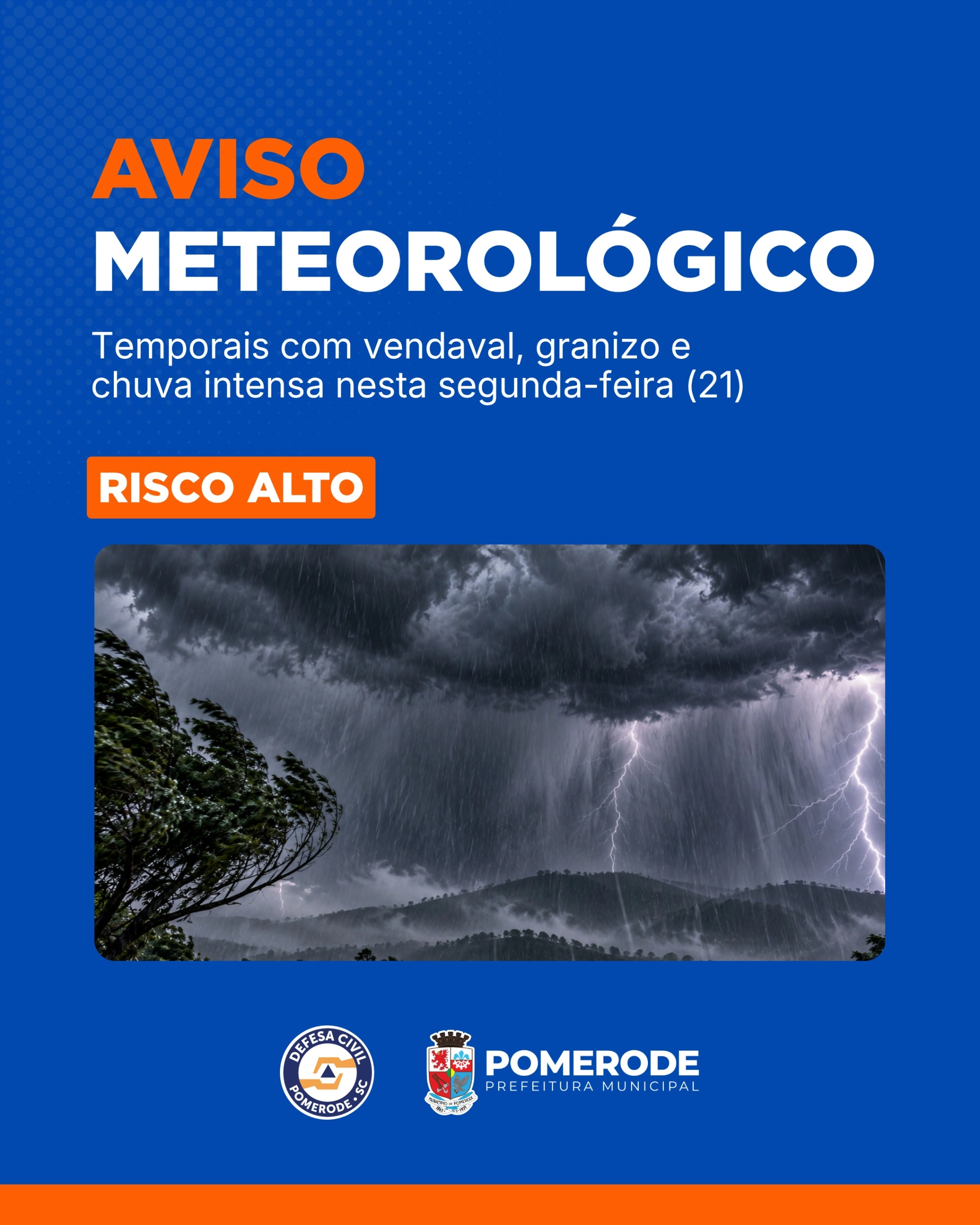 Defesa Civil alerta para risco de temporais em Pomerode nesta segunda-feira