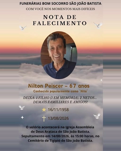 Funerária Bom Socorro informa nota de falecimento em São João Batista