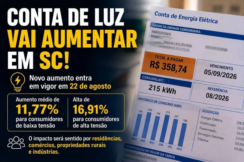 Conta de luz deve aumentar em Santa Catarina a partir de 22 de agosto
