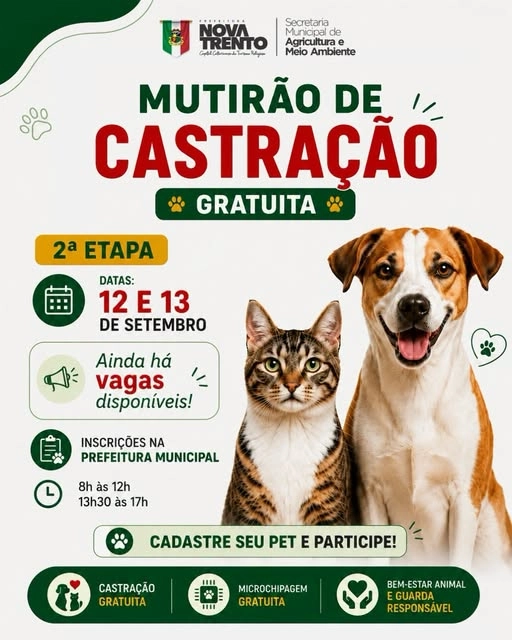 Nova Trento terá segunda etapa de mutirão de castrações gratuitas em setembro