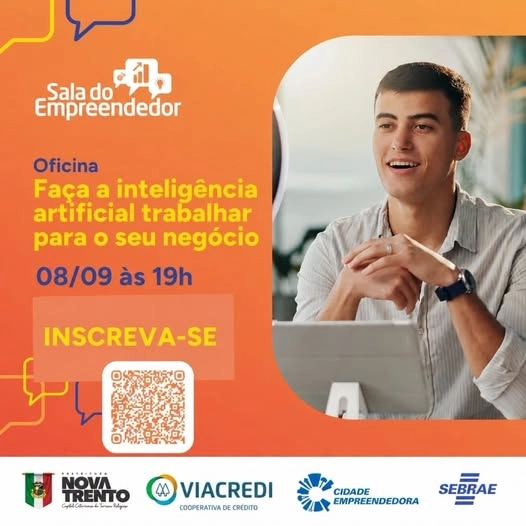A oficina “Faça a Inteligência Artificial trabalhar para o seu negócio”, em Nova Trento, foi adiada para o dia 8 de setembro, às 19h.