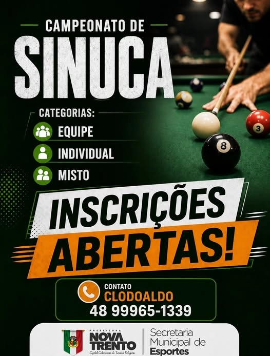 Inscrições abertas para o Campeonato Municipal de Sinuca em Nova Trento