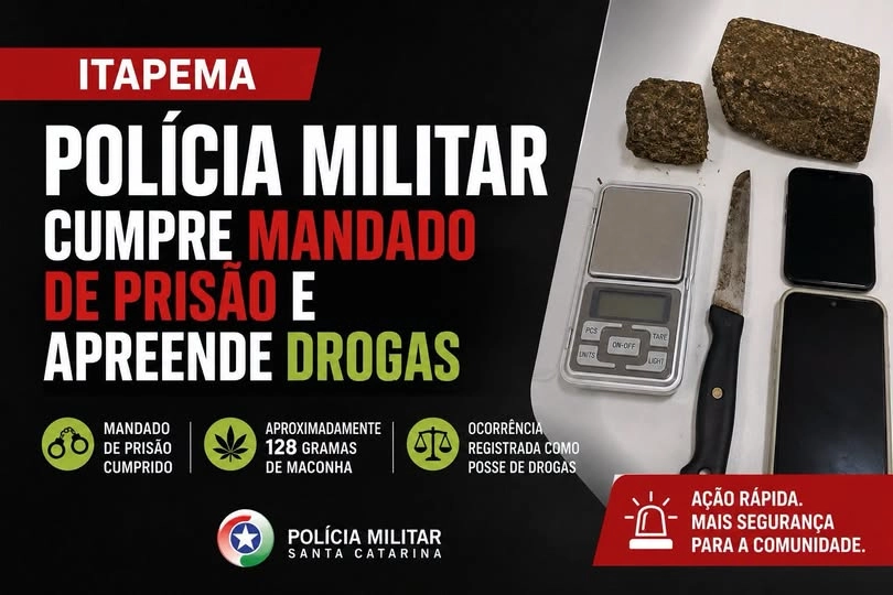Polícia Militar cumpre mandado de prisão e apreende drogas em Itapema