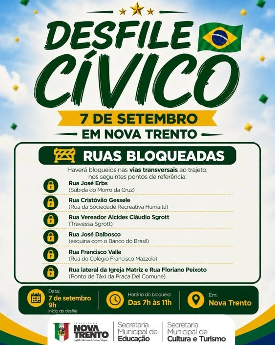 Trânsito terá bloqueios em Nova Trento para o Desfile de 7 de Setembro