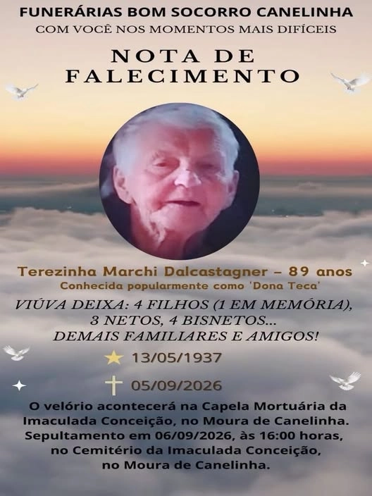 Funerária Bom Socorro informa nota de falecimento em Canelinha