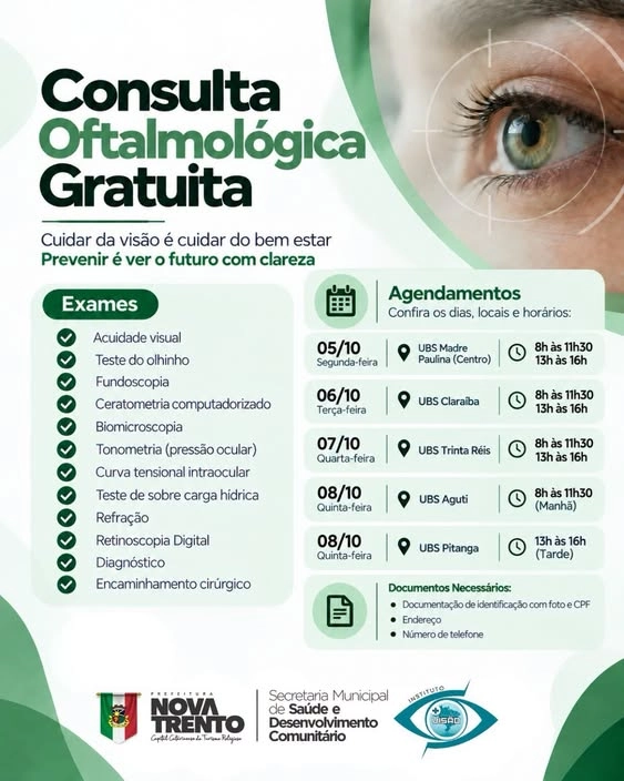UBSs de Nova Trento terão agendamento para serviços oftalmológicos gratuitos