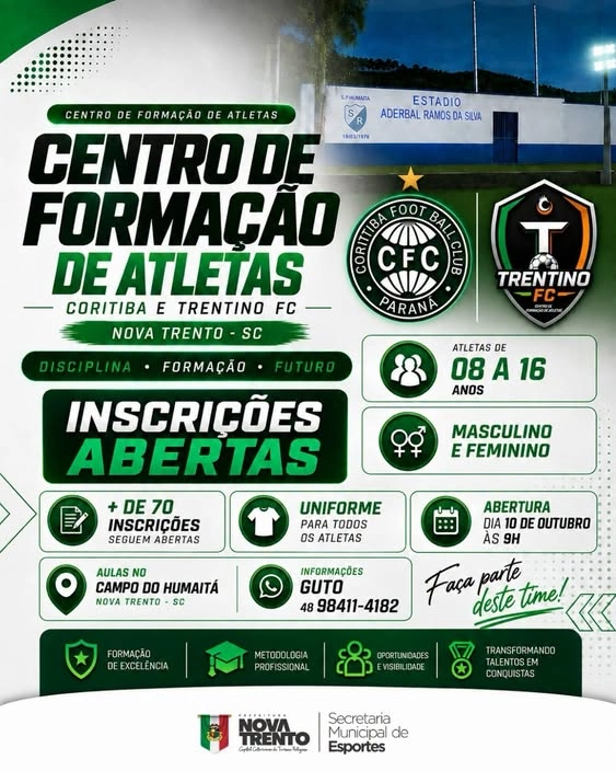 Escolinha de futebol em parceria com o Coritiba começa em outubro em Nova Trento