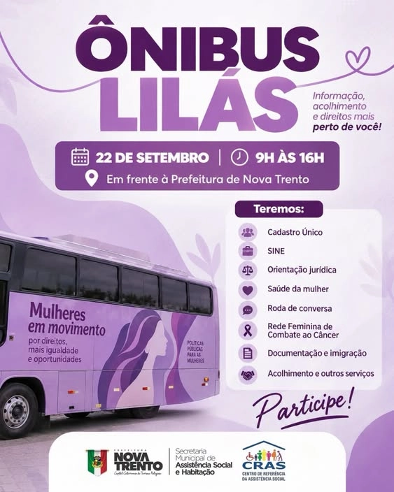 Ônibus Lilás estará em Nova Trento no dia 22 de setembro