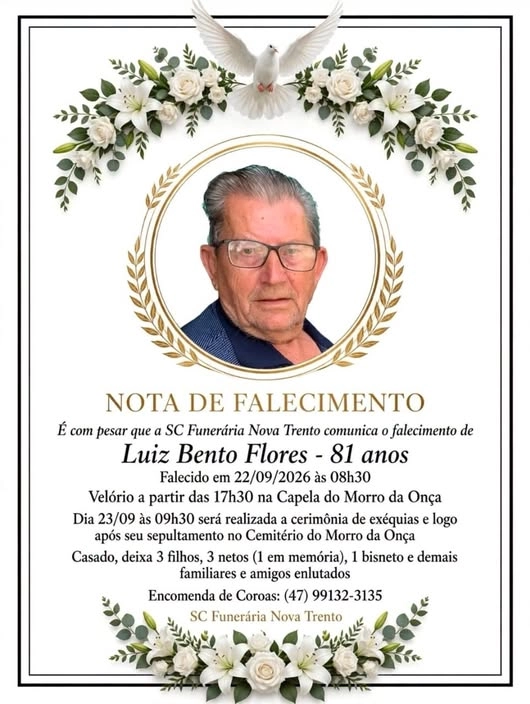 SC Funerária informa nota de falecimento em Nova Trento.