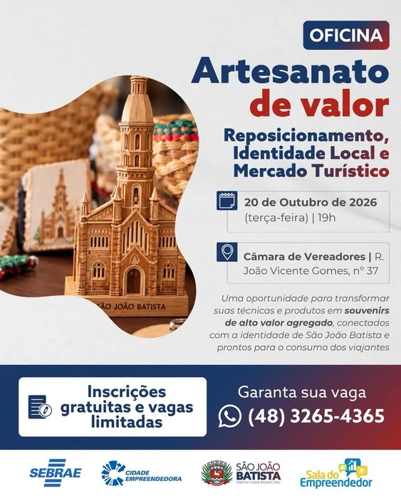 São João Batista terá oficina sobre artesanato e mercado turístico