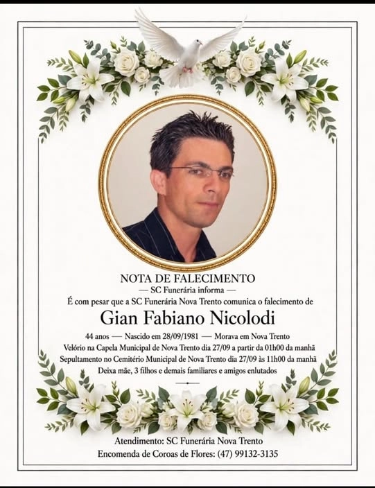 SC Funerária informa nota de falecimento em Nova Trento.