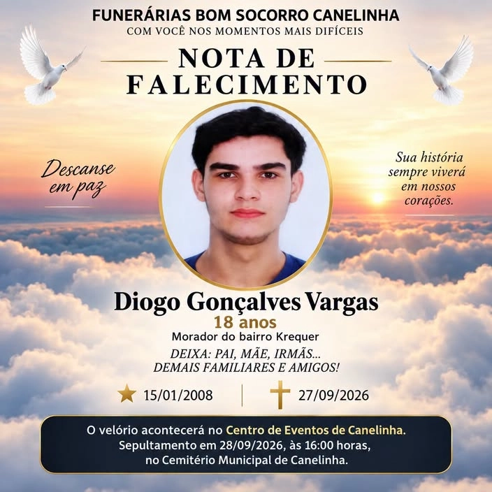 Funerária Bom Socorro informa nota de falecimento em Canelinha.