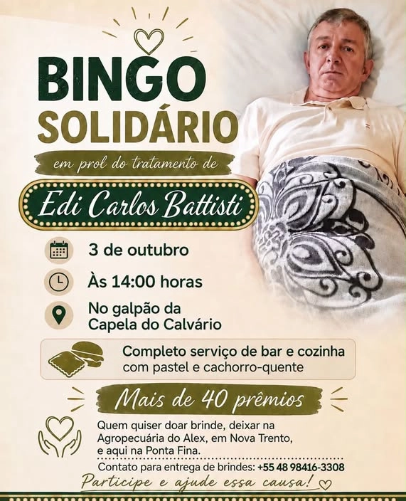 Bingo solidário será realizado em prol de Edi Carlos Battisti no bairro Trinta Réis
