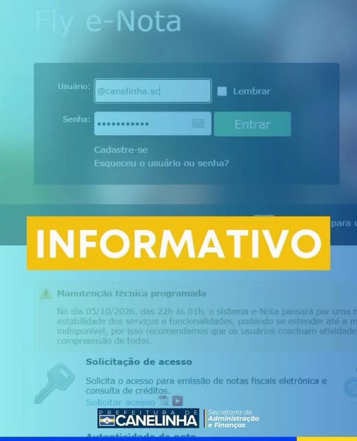 Canelinha: Sistema FLY E-NOTA terá manutenção técnica nesta segunda-feira (5)