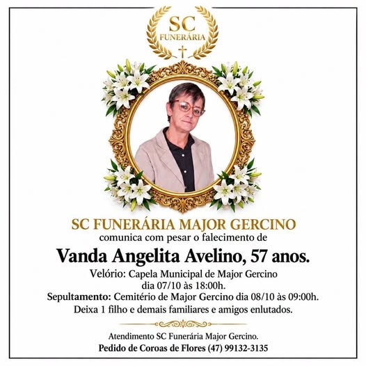 SC Funerária informa nota de falecimento em Major Gercino.