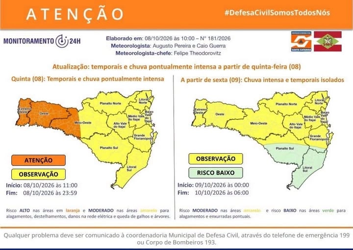 Duas frentes frias trazem risco de temporais, alagamentos e deslizamentos em Santa Catarina