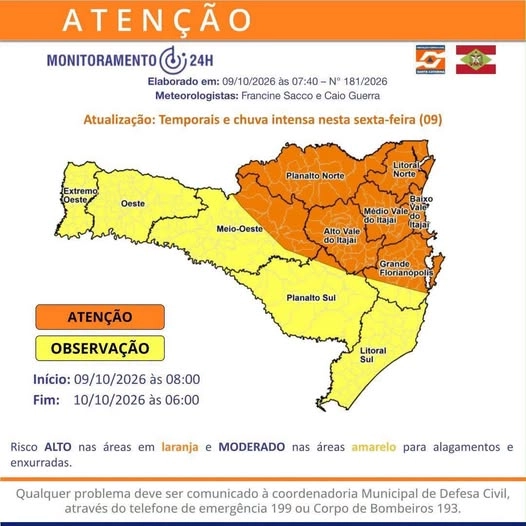 Defesa Civil alerta para temporais e chuva intensa no Vale do Rio Tijucas nesta sexta-feira