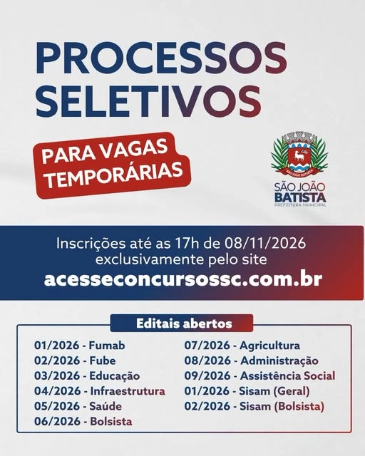 São João Batista abre processos seletivos para vagas temporárias em diversas áreas