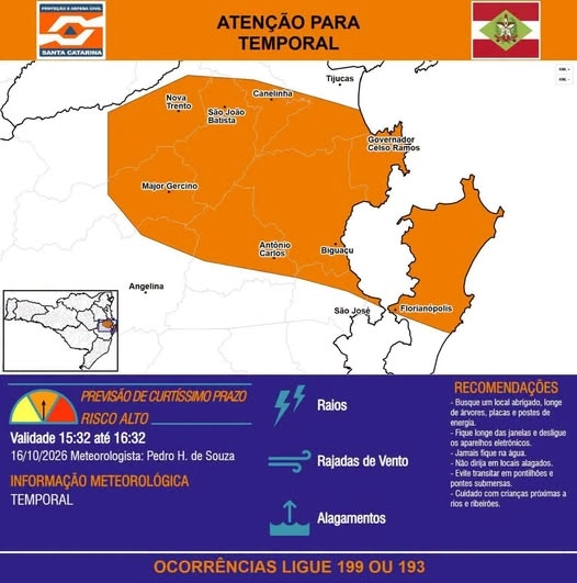 Atenção! Desfesa Civil alerta para temporais em Santa Catarina