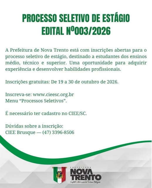 Prefeitura de Nova Trento abre inscrições para processo seletivo de estagiários