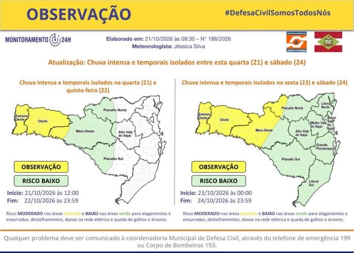 Defesa Civil alerta para chuva intensa e temporais em Santa Catarina a partir desta quarta-feira (21)
