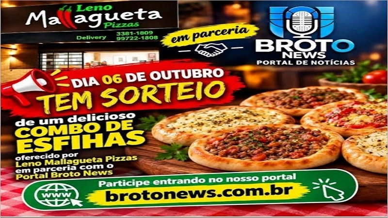 Sorteio de um combo de esfihas dia 06 de outubro, Leno Mallagueta Pizzas e Broto News