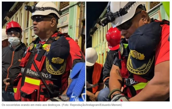 De joelhos, socorristas venezuelanos oram a Deus para encontrar sobreviventes na Colômbia