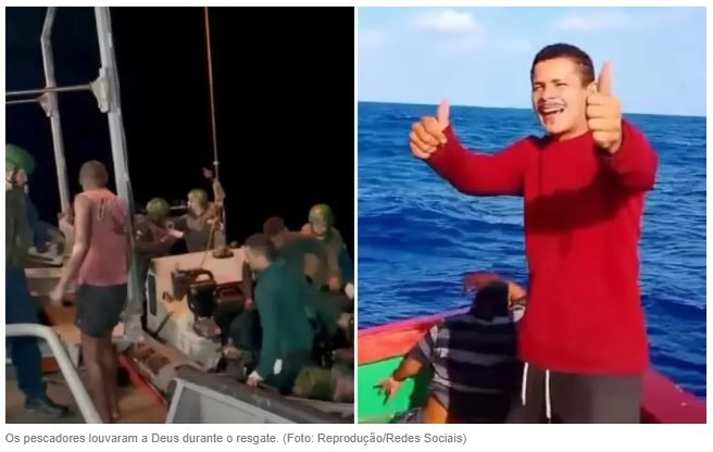 Após 20 dias à deriva, pescadores louvam a Deus durante resgate no Ceará