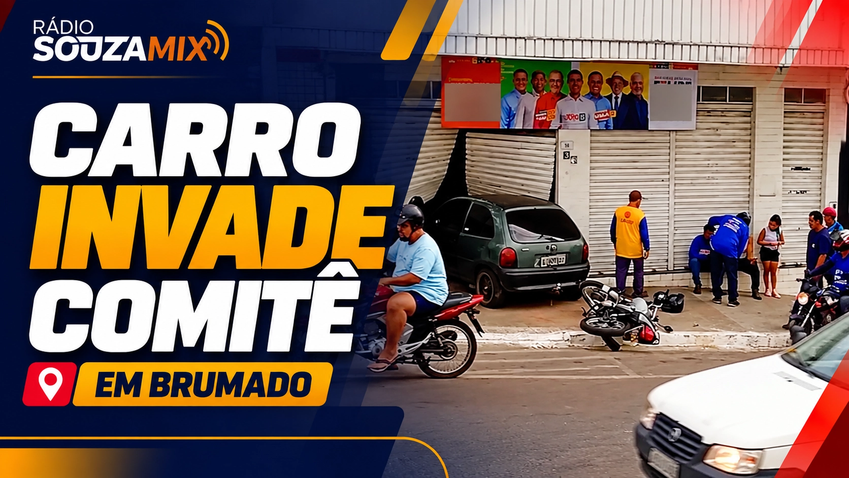 Carro perde controle, atinge moto e invade comitê político em Brumado
