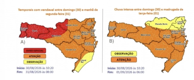 SC segue sob alerta para chuva intensa e temporais; acumulados podem chegar a 200 mm