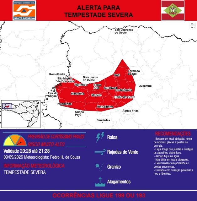 Defesa Civil emite alerta de tempestade severa para municípios do Oeste de SC