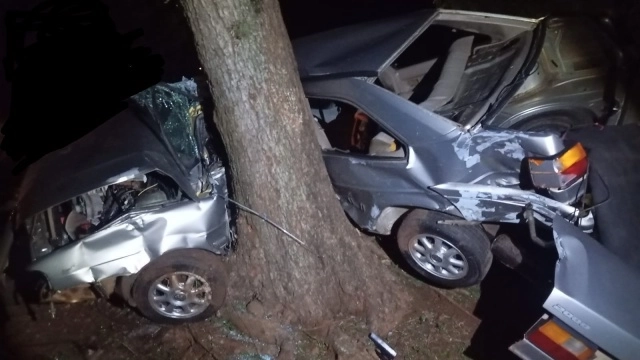 Dois jovens ficam gravemente feridos após carro bater contra árvore na SC-160 em Pinhalzinho