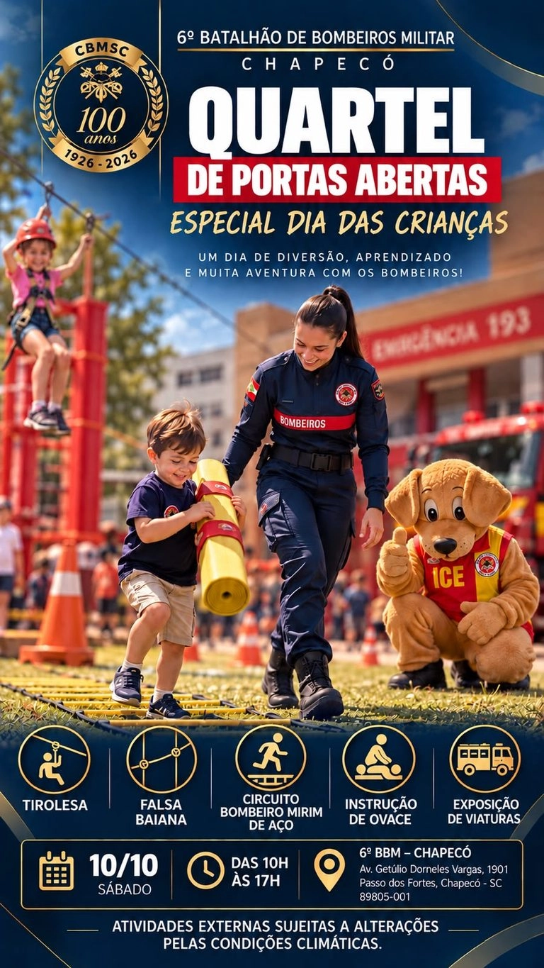 Quartel de Portas Abertas terá programação especial para crianças neste sábado em Chapecó