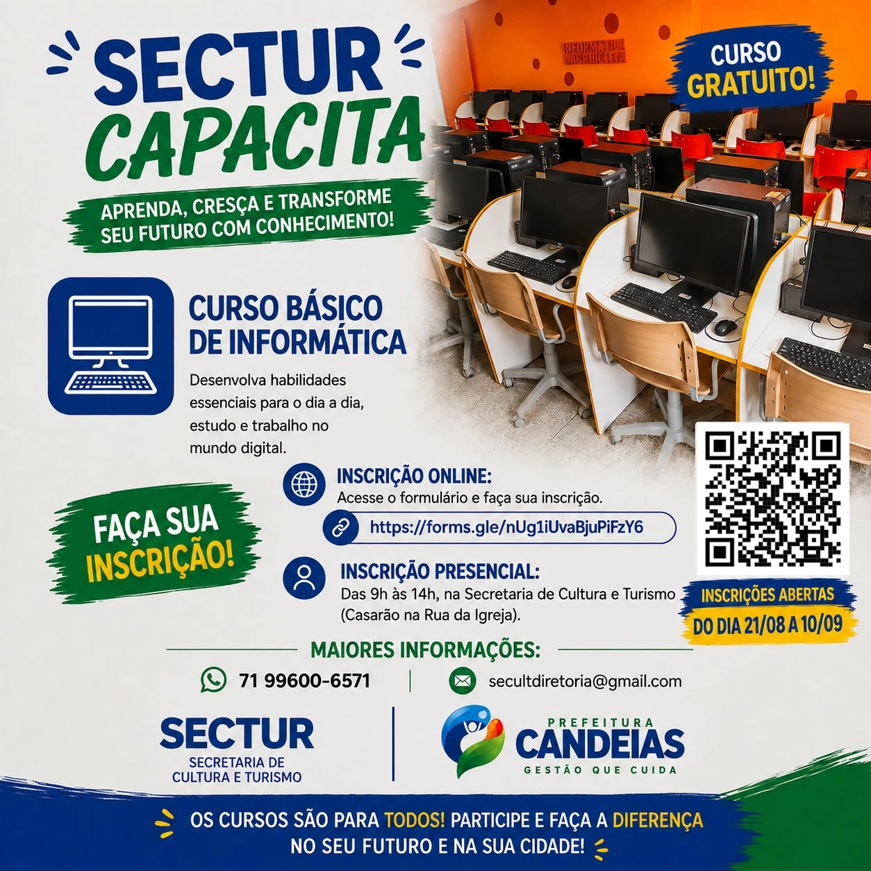 Candeias: Prefeitura abre inscrições para curso gratuito de informática; saiba como participar
