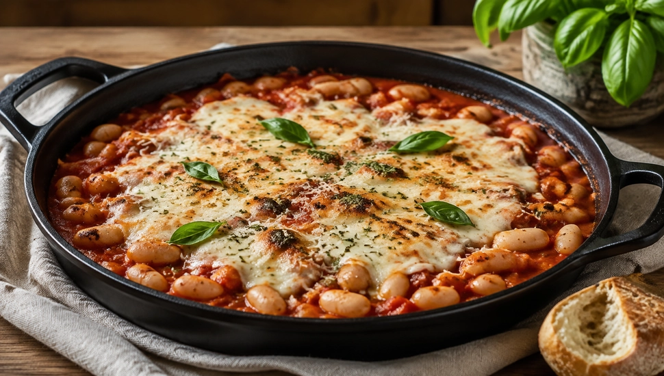 Feijão à pizzaiolo vira jantar rápido com queijo dourado e muito molho.