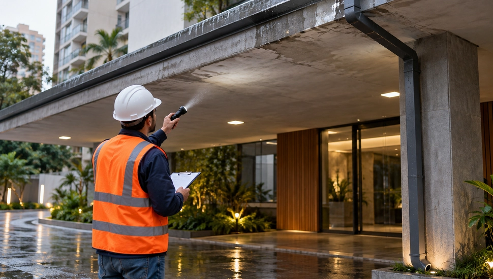 Marquises sob chuva exigem inspeção e plano de manutenção.