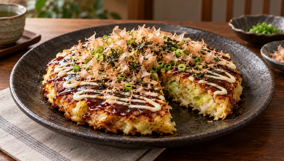 Okonomiyaki leva repolho à frigideira e vira refeição completa.