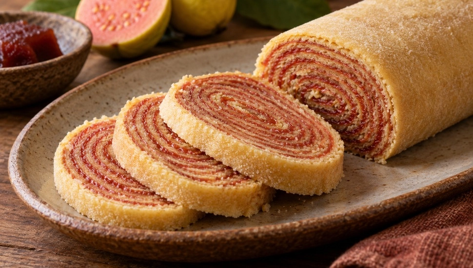 Bolo de rolo pernambucano revela camadas finas de massa e goiabada.