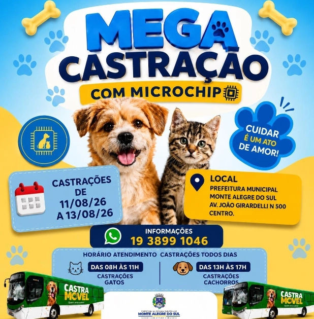 Monte Alegre do Sul realizará Mega Castração com Microchip entre os dias 11 e 13 de agosto