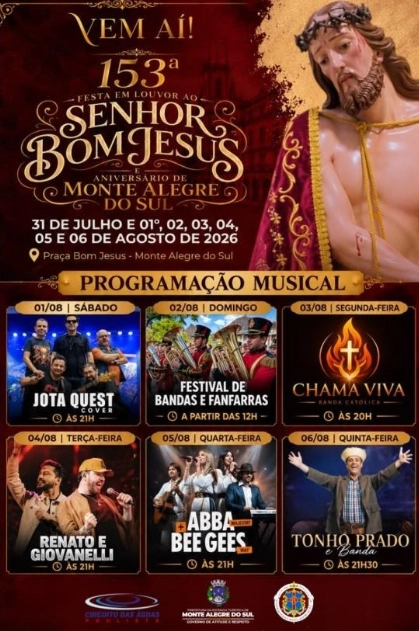 Shows prometem animar a 153ª Festa em Louvor ao Senhor Bom Jesus e Aniversário de Monte Alegre do Sul