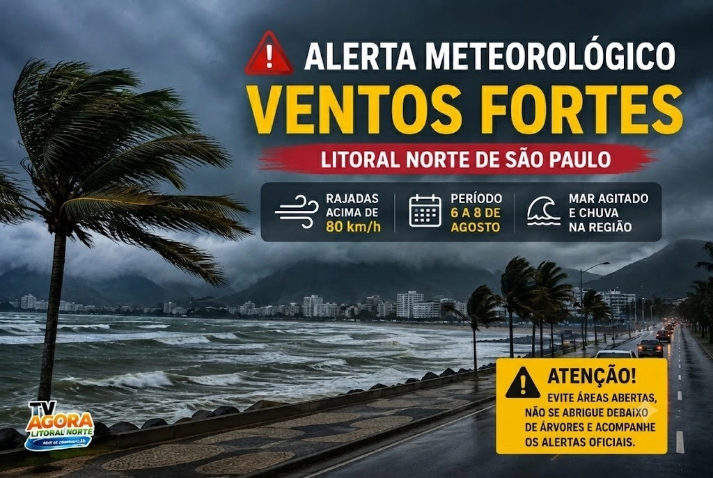 Alerta no Litoral Norte: ventos podem passar de 80 km/h entre quinta e sábado; Defesa Civil pede atenção