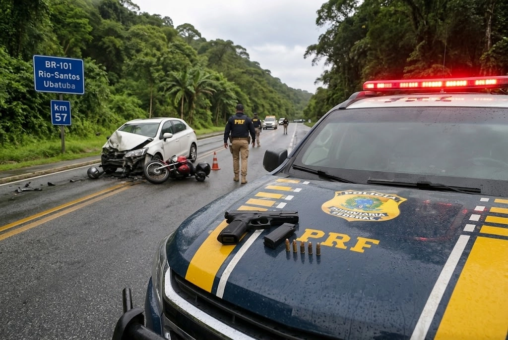 Acidente na Rio-Santos termina com arma de fogo encontrada pela PRF em Ubatuba