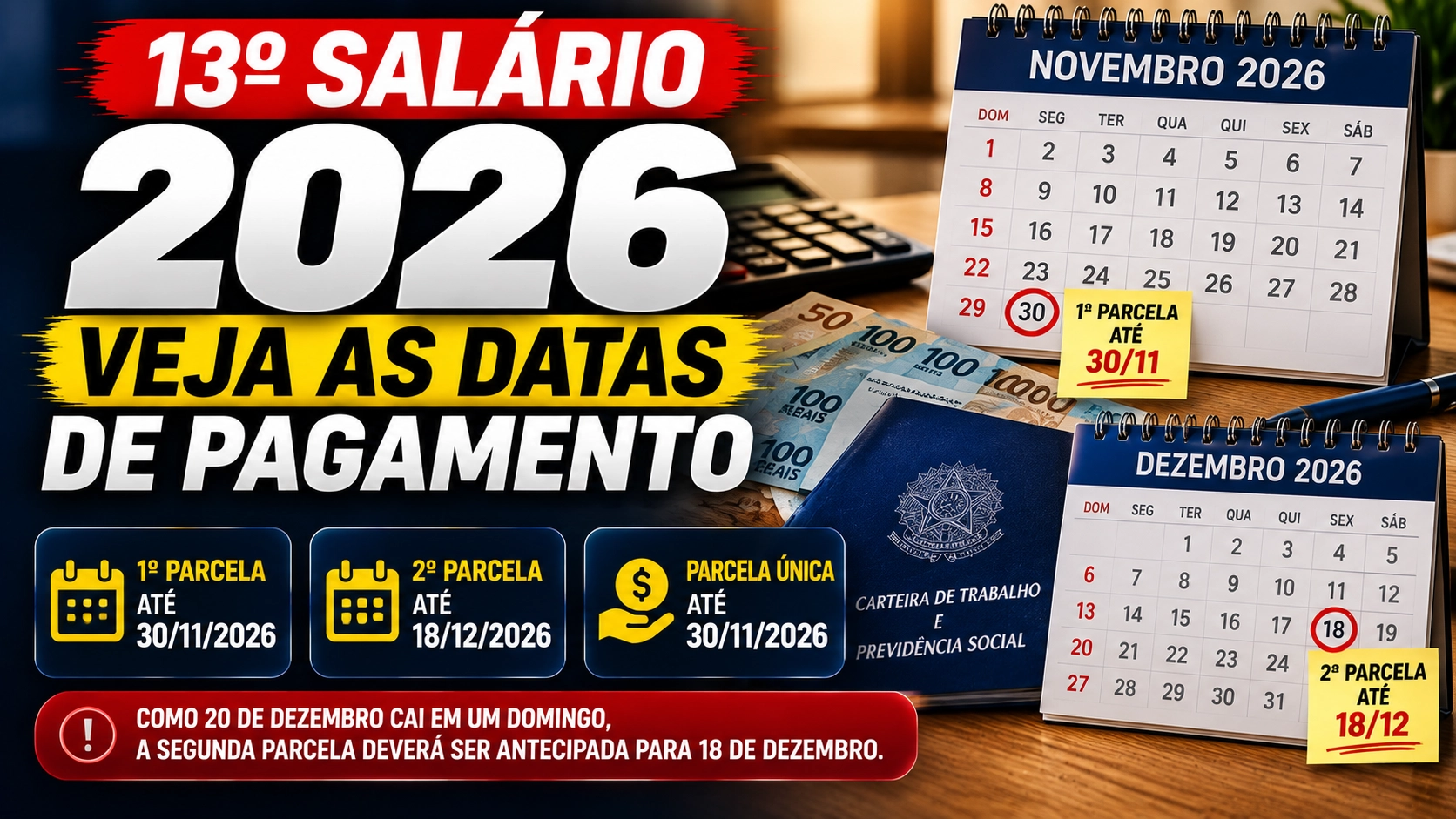 13º salário 2026: primeira parcela deve ser paga até 30 de novembro; segunda será antecipada